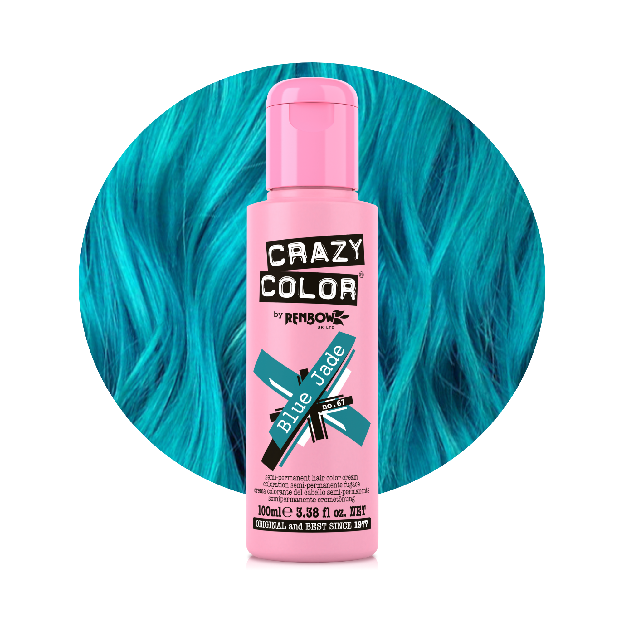 Pink bottle of Crazy Color Bleu Jade no. 67 100ml hair dye by ABS France Wholesale with blue hair in the background