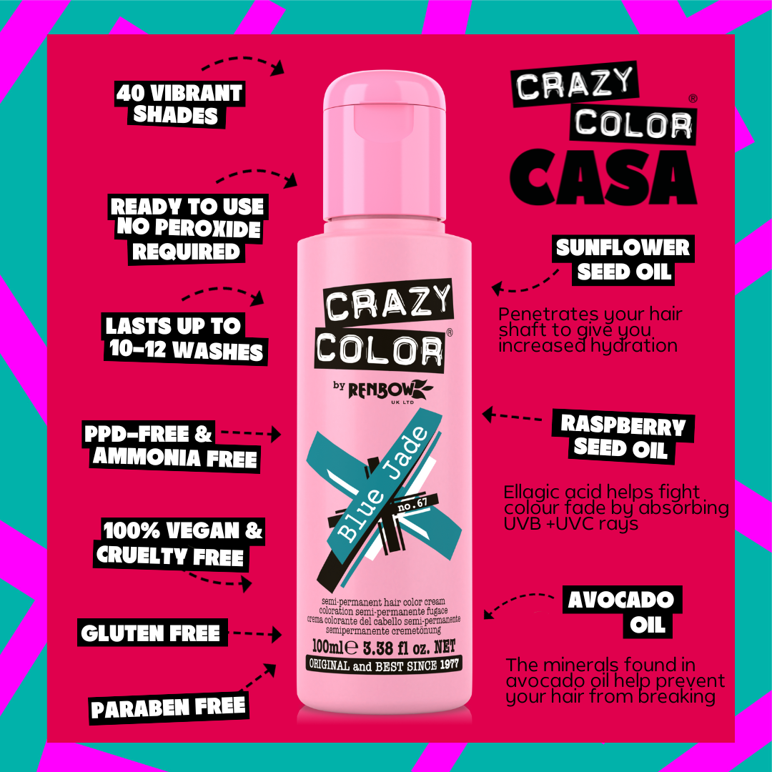 Crazy Color Blue Jade 67 hair color product with features listed on a vibrant pink background by ABS France Wholesale 