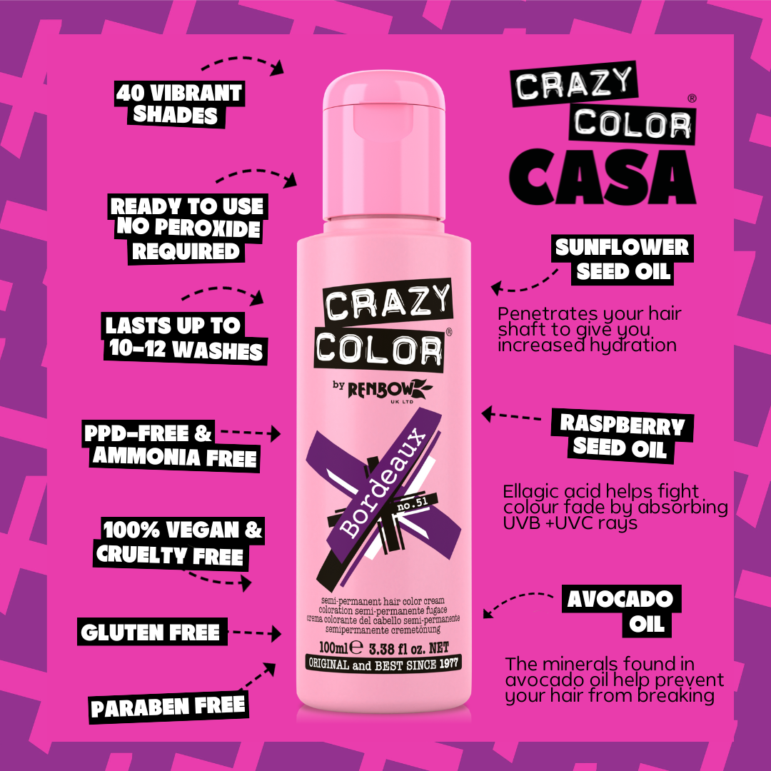 Crazy Color Bordeaux 51 hair color product on a pink background with text highlighting features by ABS France Wholesale