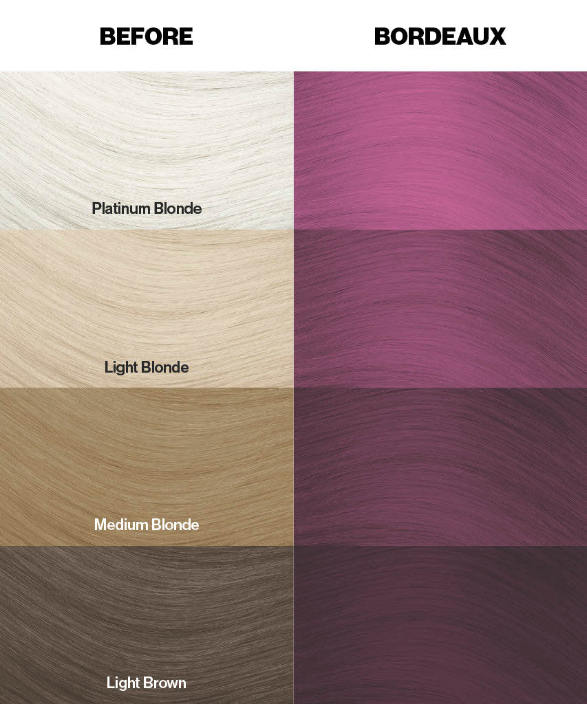 Crazy Color's Hair color swatches labeled 'Before' and 'Bordeaux' with various hair colors by ABS France Wholesale