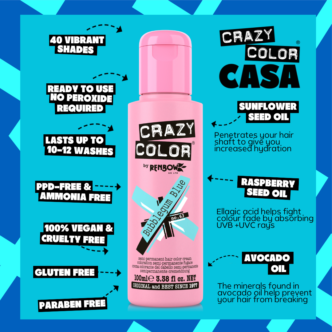 Pink bottle of Crazy Color Bubblegum Blue 63 hair color with product features on a blue background by ABS France Wholesale