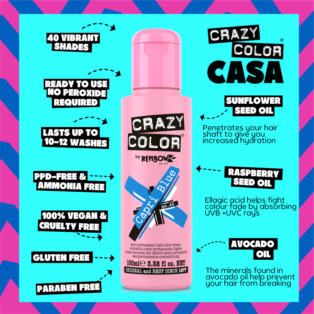 Crazy Color Capri Blue hair color product with features listed on a colorful background by ABS France Wholesale