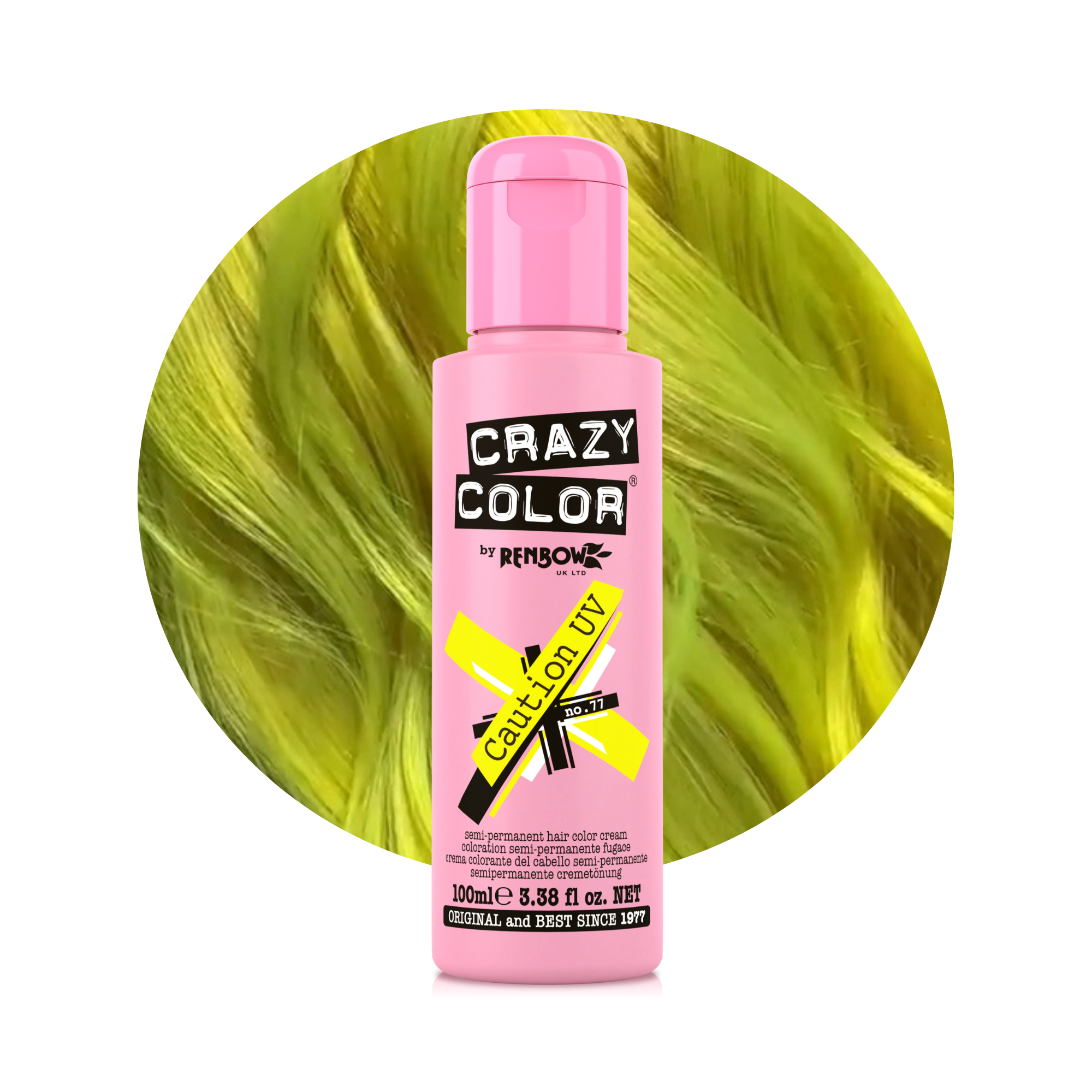 Pink bottle of Crazy Color Caution UV (Jaune Fluo) no. 77 100ml hair dye by ABS France Wholesale with yellow hair in the background