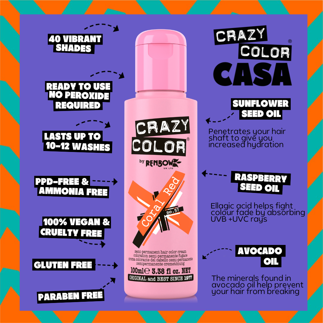 Crazy Color Coral Red hair color bottle with product features on a colorful background by ABS France Wholesale
