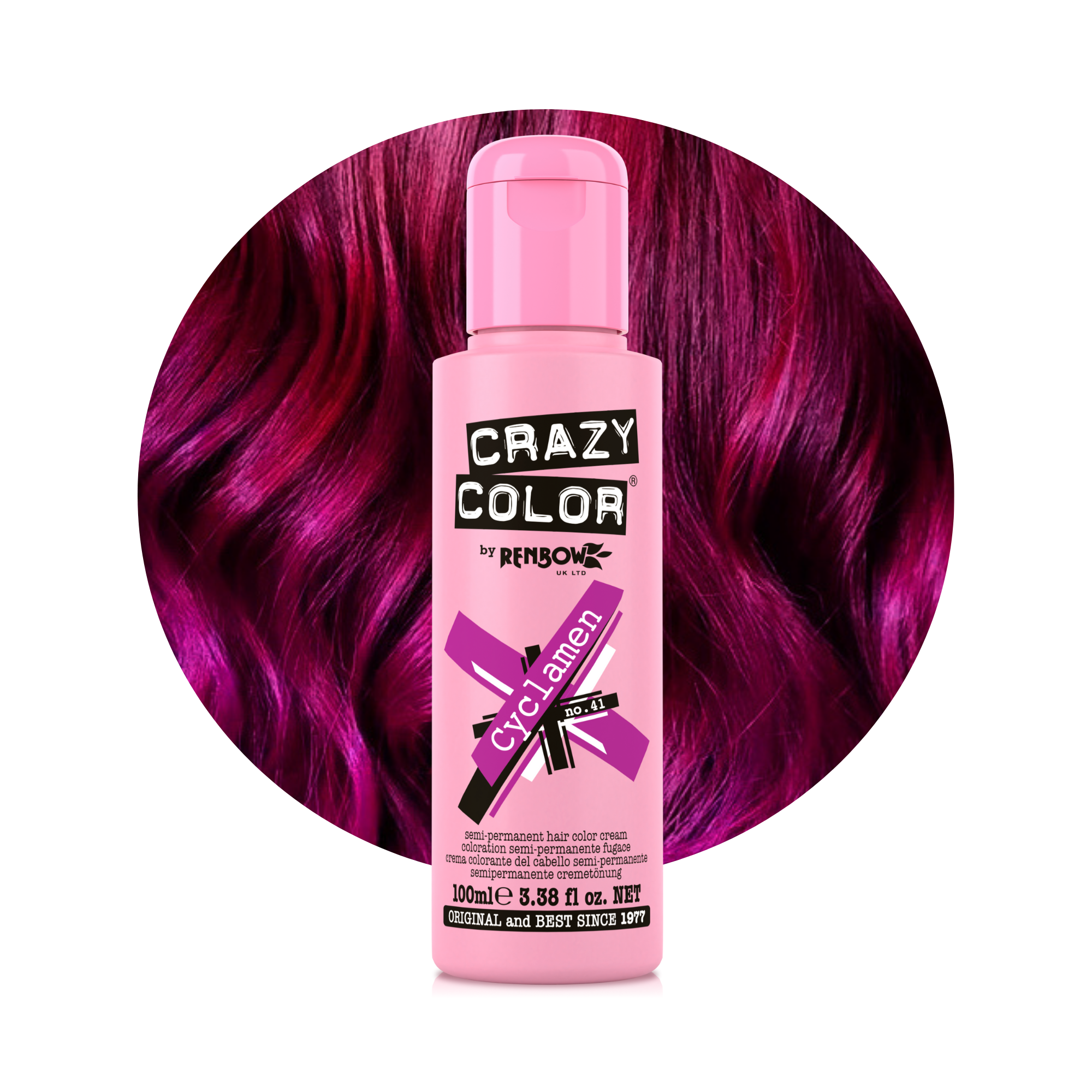 Pink bottle of Crazy Color Cyclamen no. 41 100ml hair dye by ABS France Wholesale with purple hair in the background