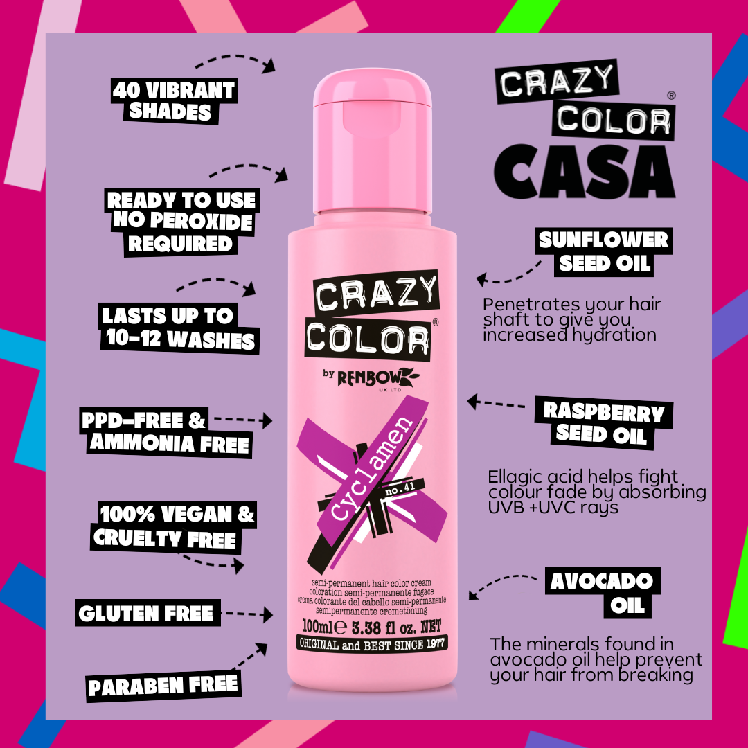 Pink bottle of Crazy Color hair color By ABS France Wholesale with product features on a colorful background