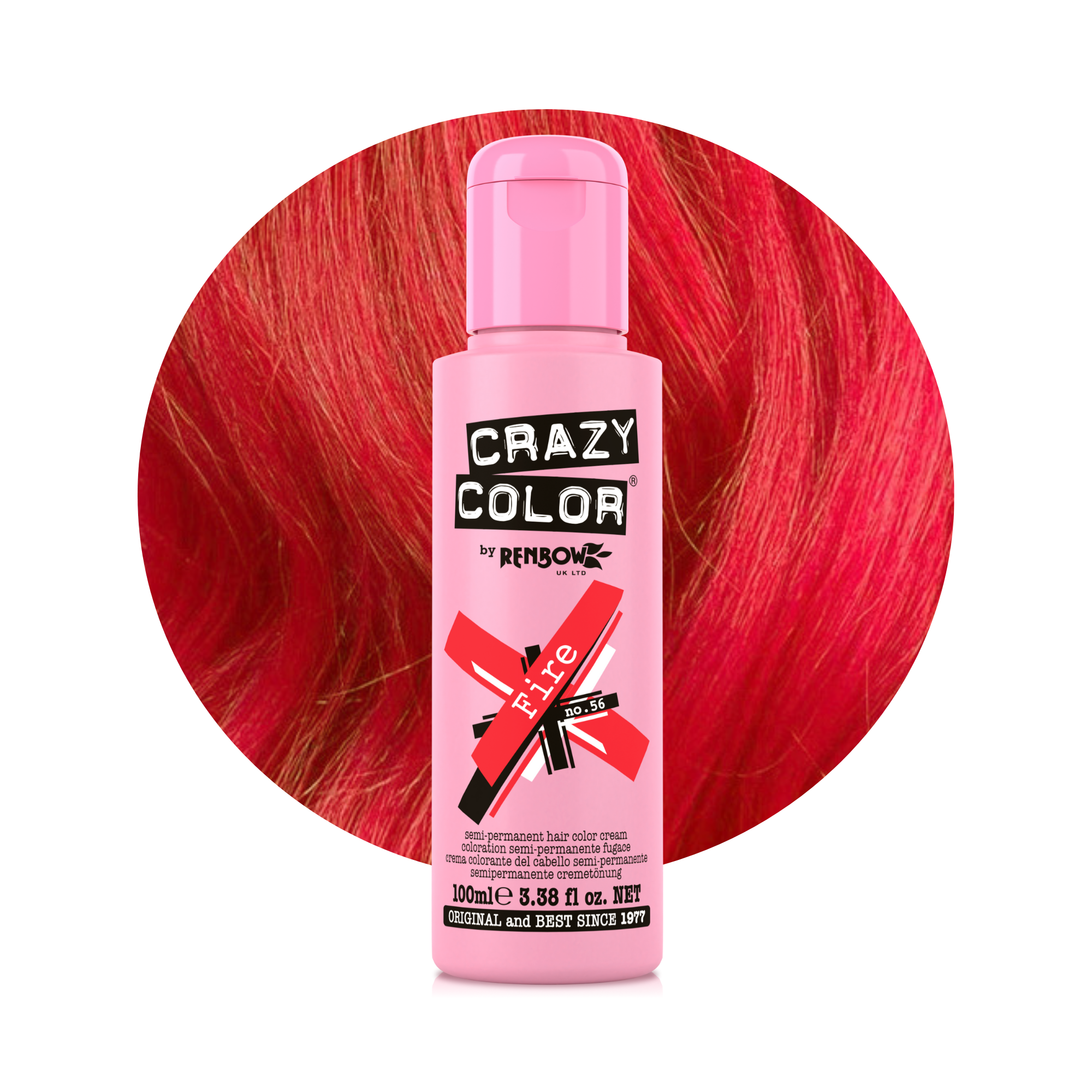 Pink bottle of Crazy Color Fire 56 100ml hair dye by ABS France Wholesale with red hair in the background