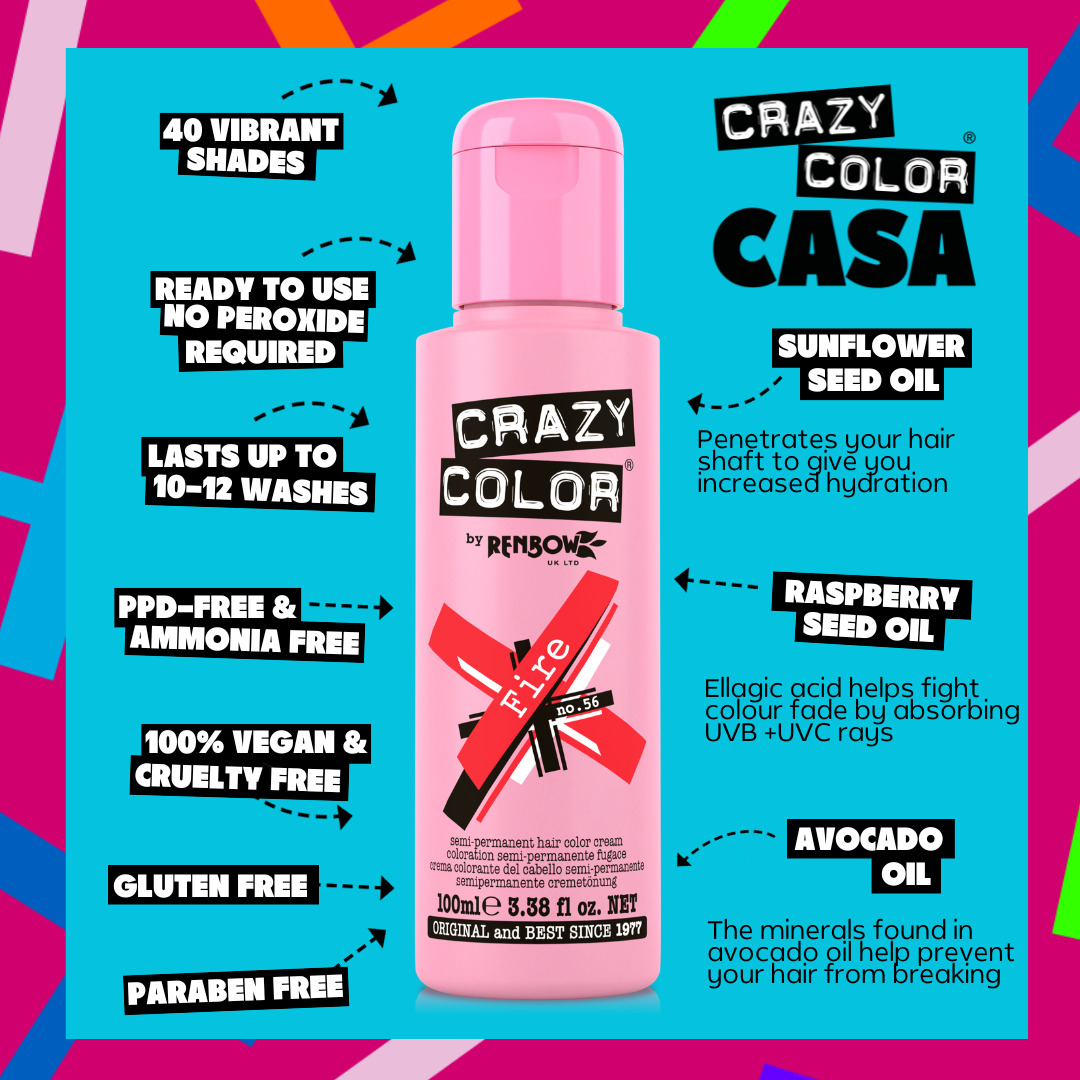Crazy Color Fire 56 hair color product with features listed on a colorful background by ABS France Wholesale