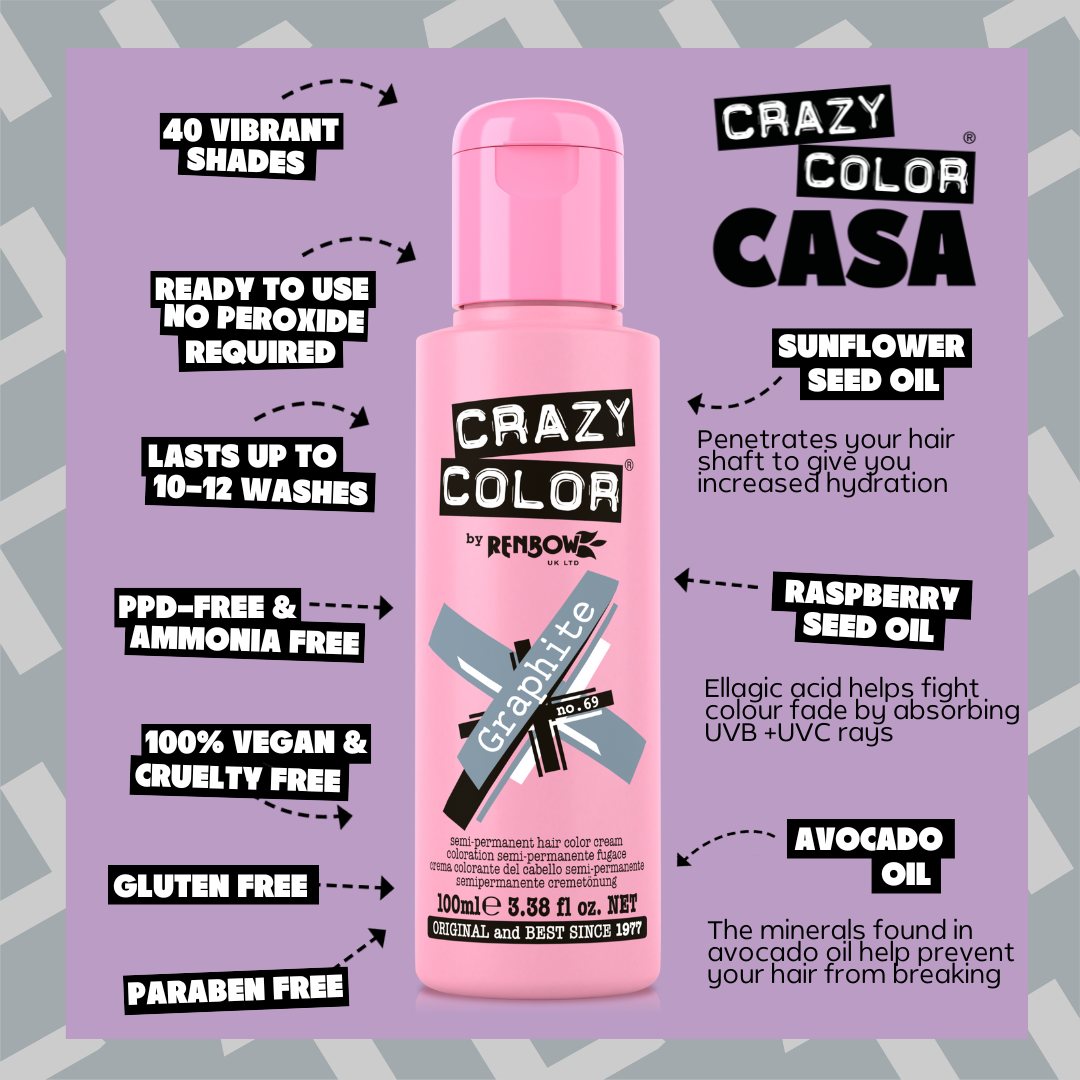 Pink bottle of Crazy Color Graphite 69 hair color with product features on a purple background by ABS France Wholesale