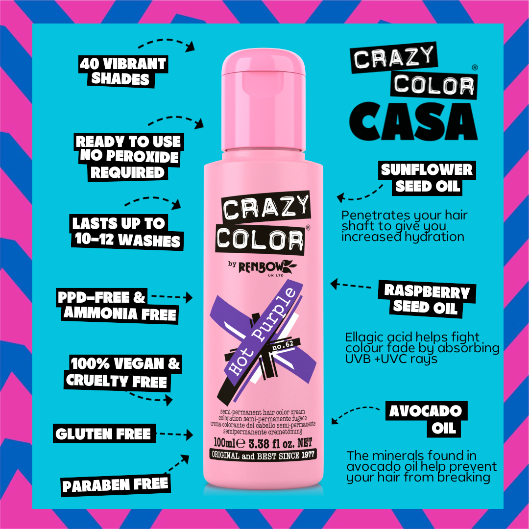 Crazy Color Hot Purple hair color product with features listed on a colorful background by ABS France Wholesale
