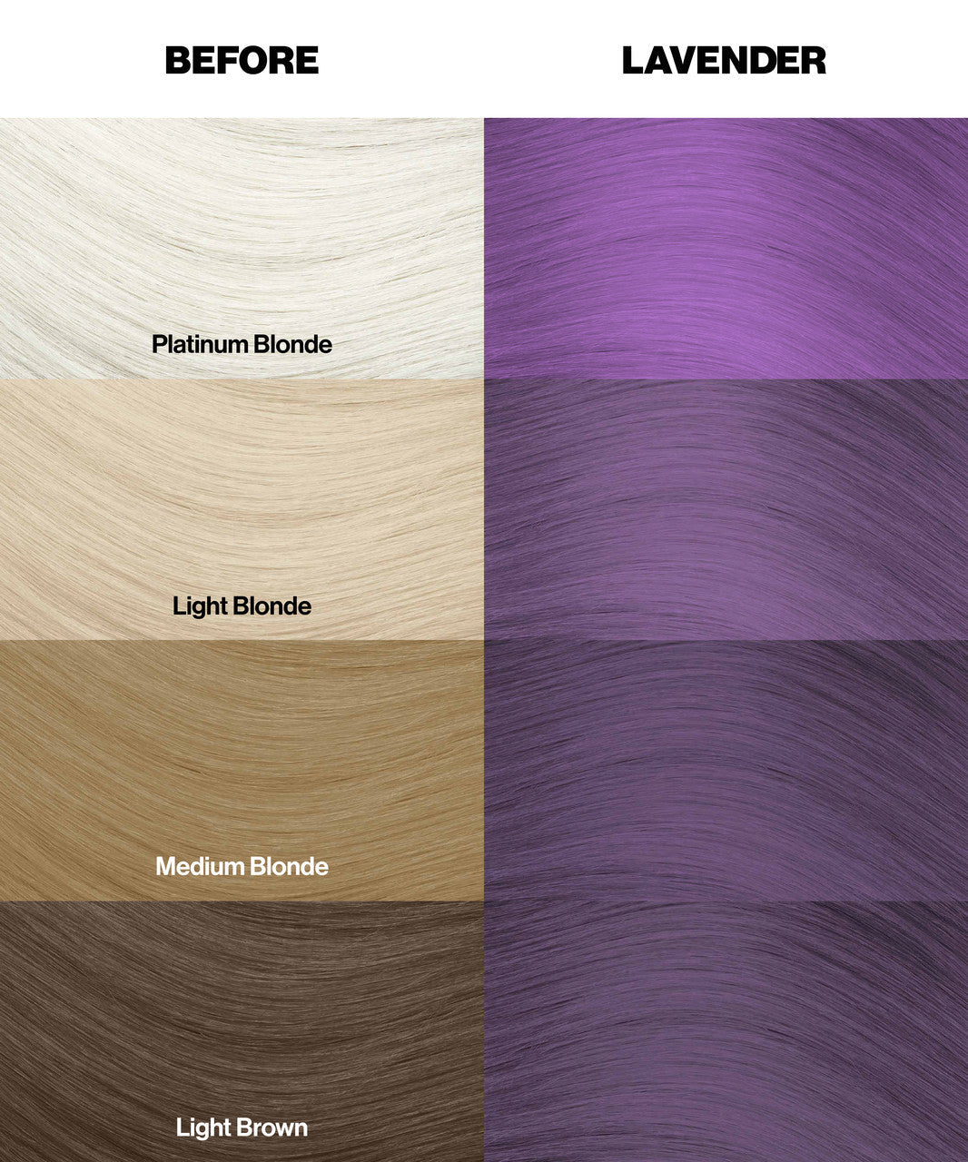 Crazy Color's Hair color swatches before and after lavender hair color with platinum blonde, light blonde, medium blonde, and light brown options by ABS France Wholesale