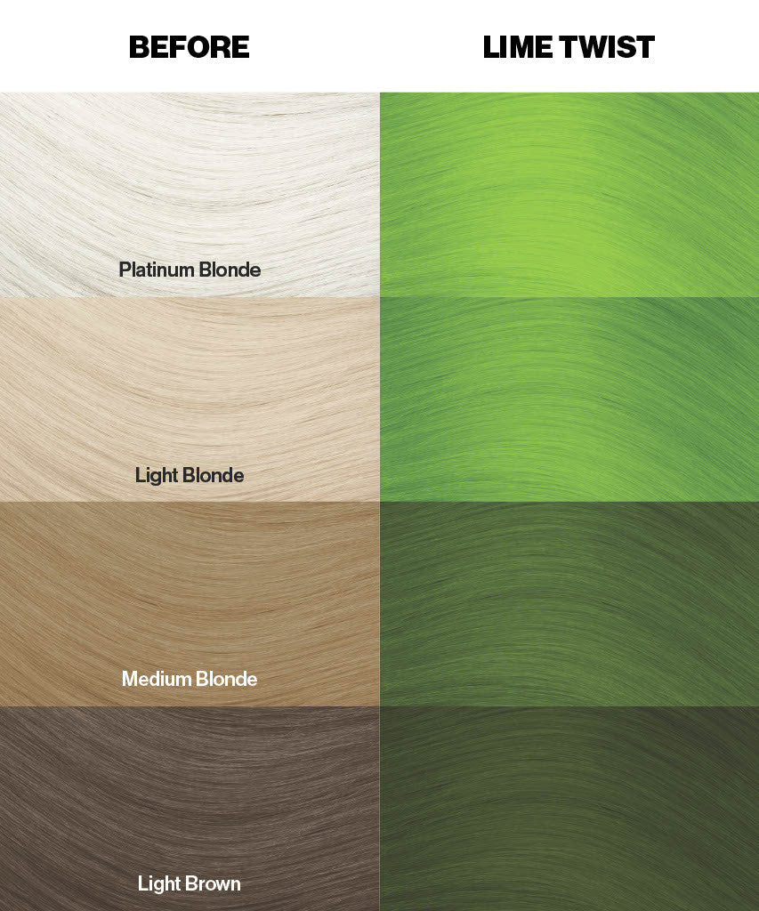Crazy Color Lime Twist Color chart comparing different hair color shades with 'Lime Twist' highlighted by ABS France Wholesale