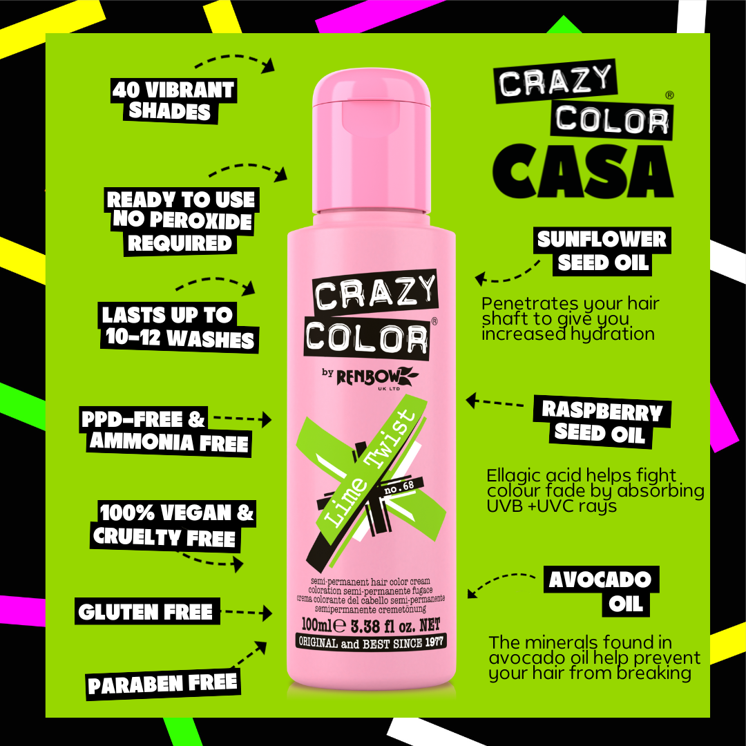 Pink bottle of Crazy Color Lime Twist 68 hair color with product features on a green background by ABS France Wholesale