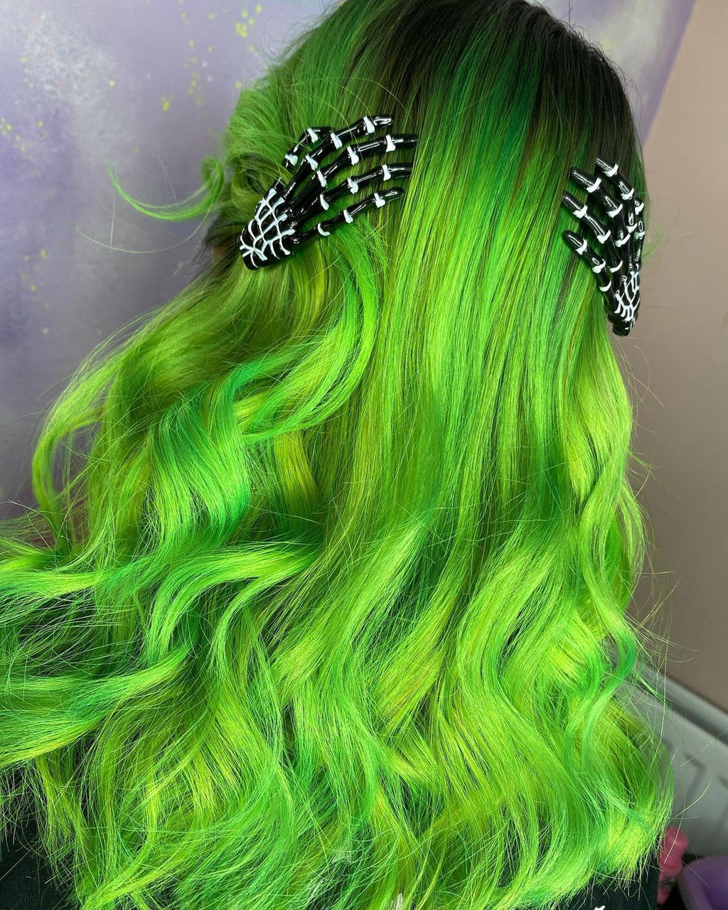 Crazy Color's perons with Green hair with skeleton hair clips on a neutral background by ABS France Wholesale