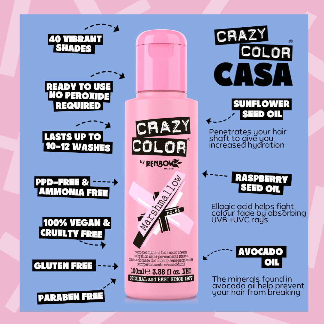Pink bottle of Crazy Color Marshmallow 64 hair color with product features on a pink and blue background by ABS France Wholesale
