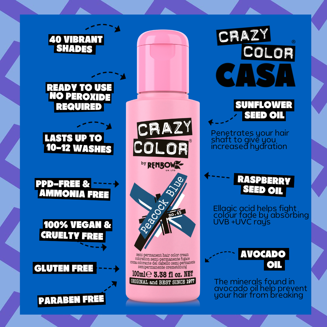 Crazy Color Peacock Blue no. 45 100ml hair dye bottle by ABS France 