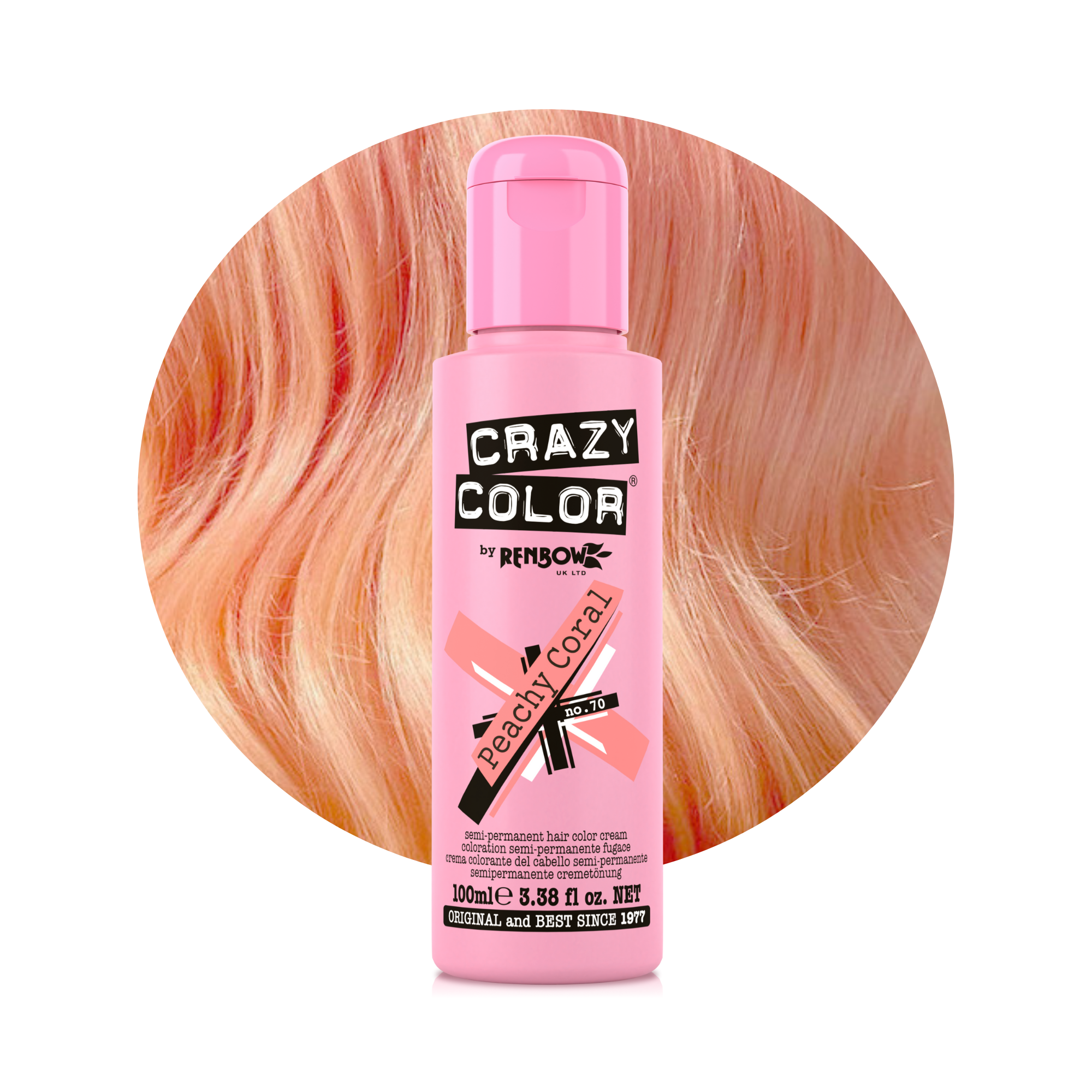 Pink bottle of Crazy Color Pêche Corail no. 70 100ml hair dye by ABS France Wholesale with peachy coral hair in the background