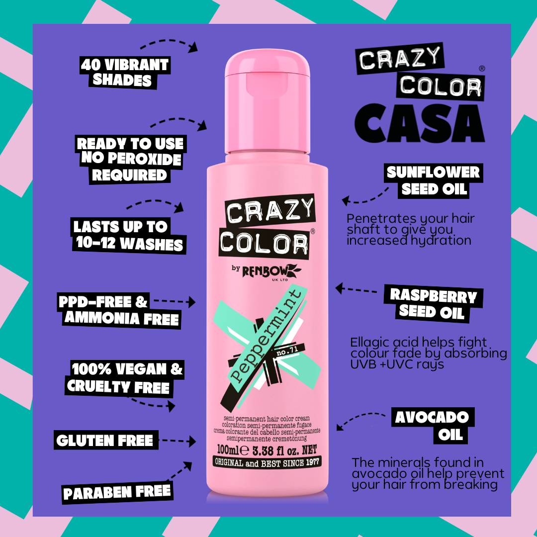 Crazy Color Peppermint 71 hair color product with features listed on a colorful background by ABS France Wholesale