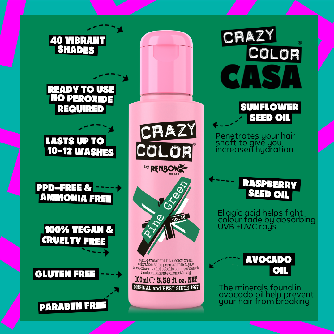 Pink bottle of Crazy Color Pine Green hair color with product features on a green and pink background by ABS France Wholesale