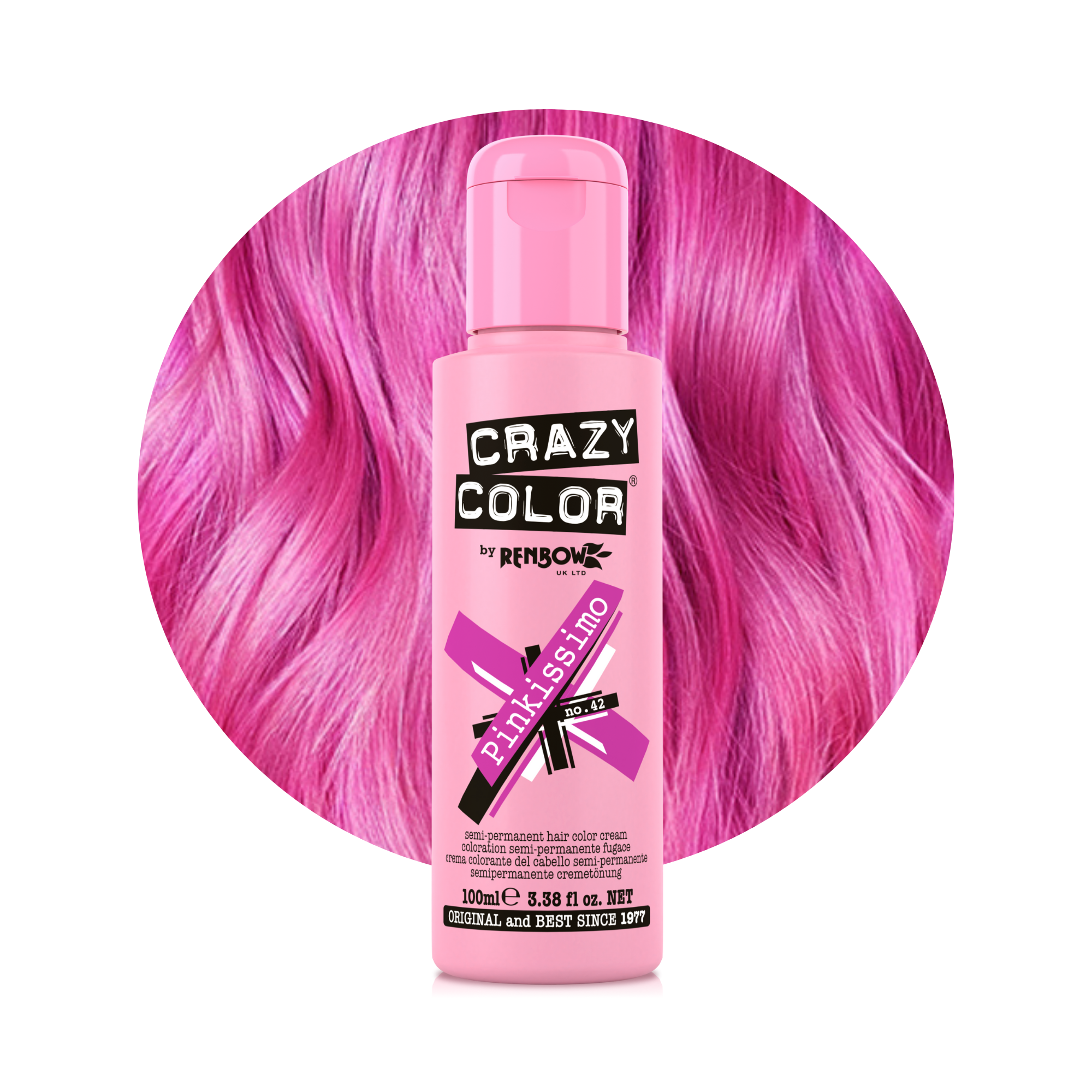 Crazy Color Pinkissimo no. 42 100ml Pink hair color bottle by ABS France Wholesale with vibrant pink hair background