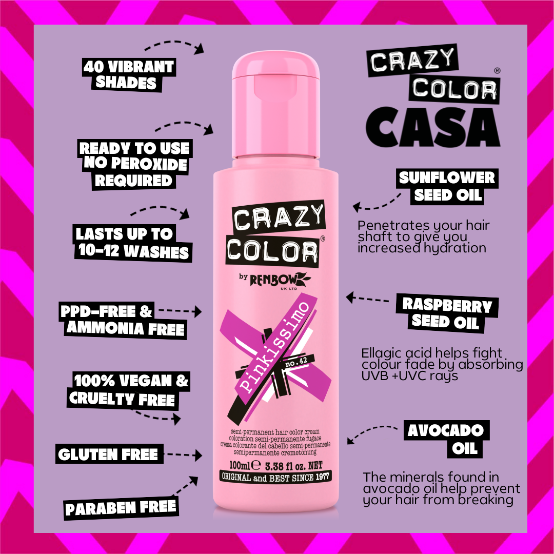 Pink bottle of Crazy Color hair color cream with product features on a purple and pink striped background By ABS France Wholesale