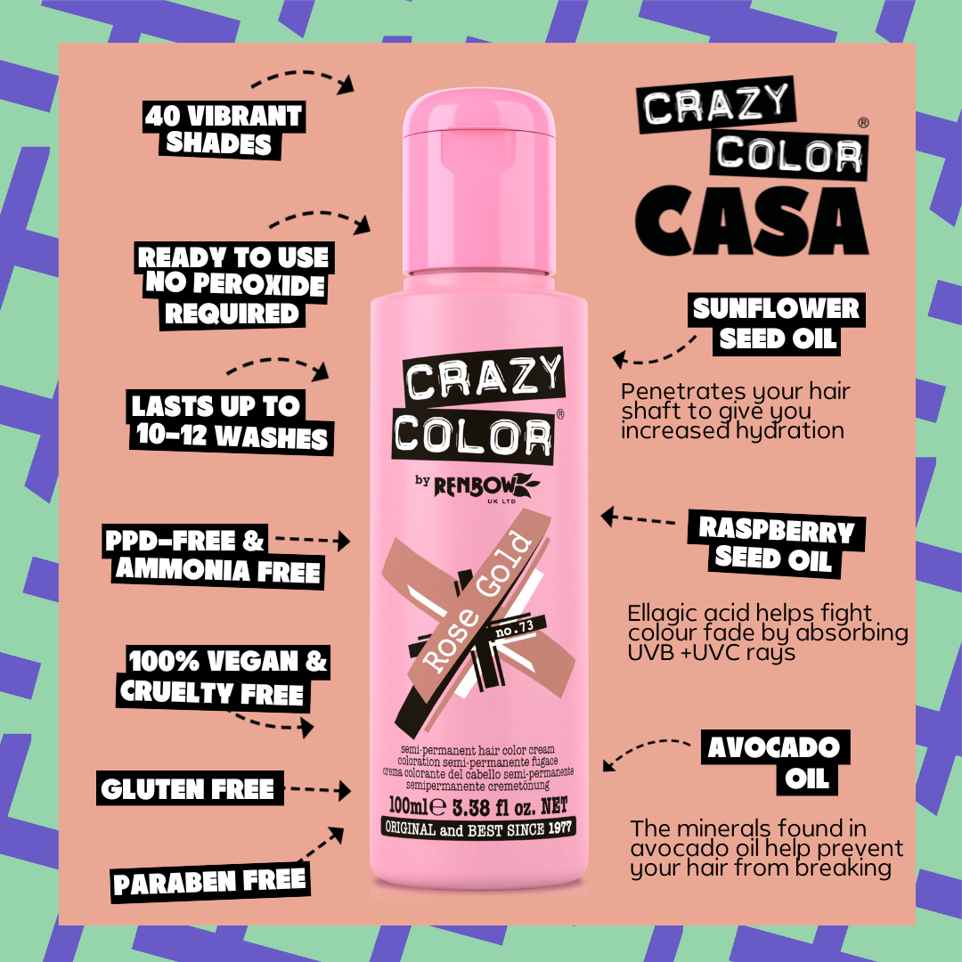 Pink bottle of Crazy Color Rose Gold 73 hair dye hair color cream with product features on a colorful background by ABS France Wholesale