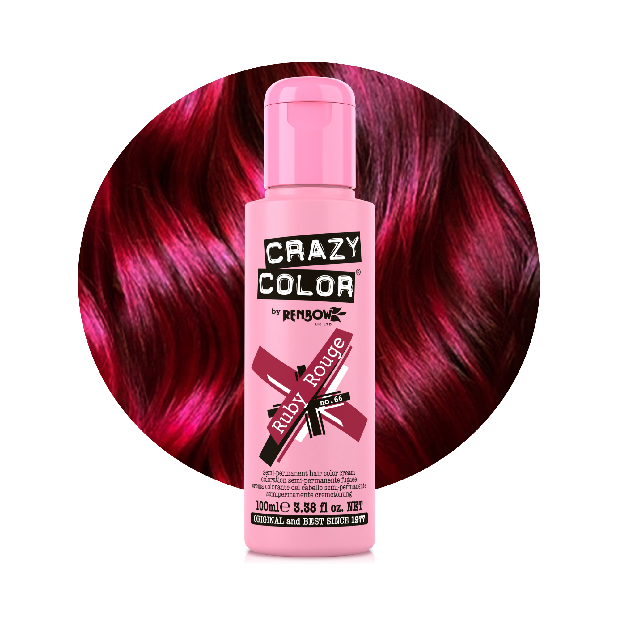 Crazy Color Rouge Rubis (Ruby Rouge) no. 66 100ml hair dye bottle with red hair background by ABS France Wholesale
