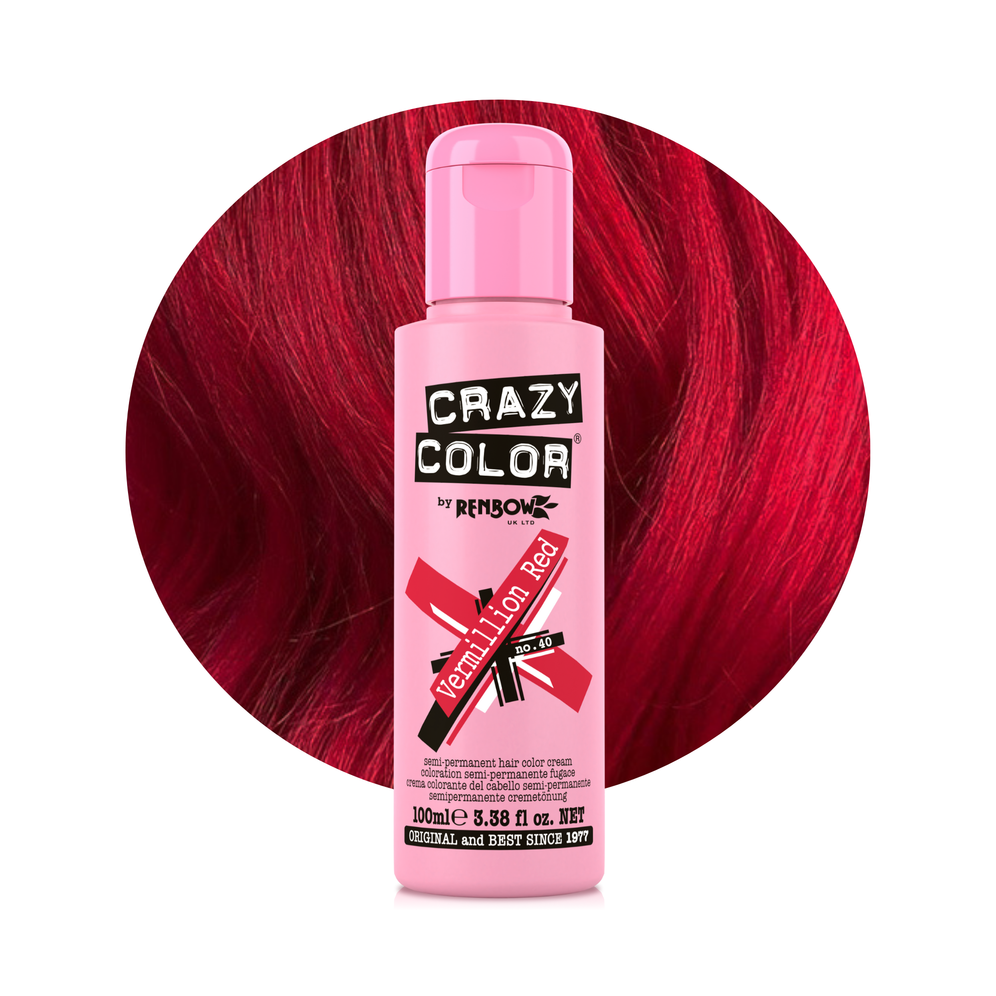 Pink bottle of Crazy Color Rouge Vermillon 40 100ml hair dye by ABS France Wholesale with red hair in the background