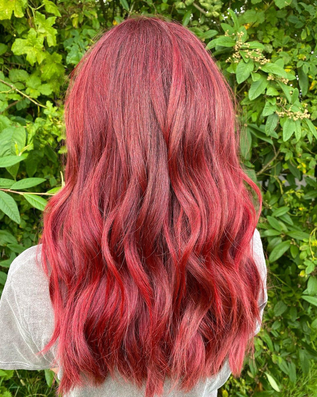 Crazy Color's Person with vibrant red hair standing in front of green foliage by ABS France Wholesale