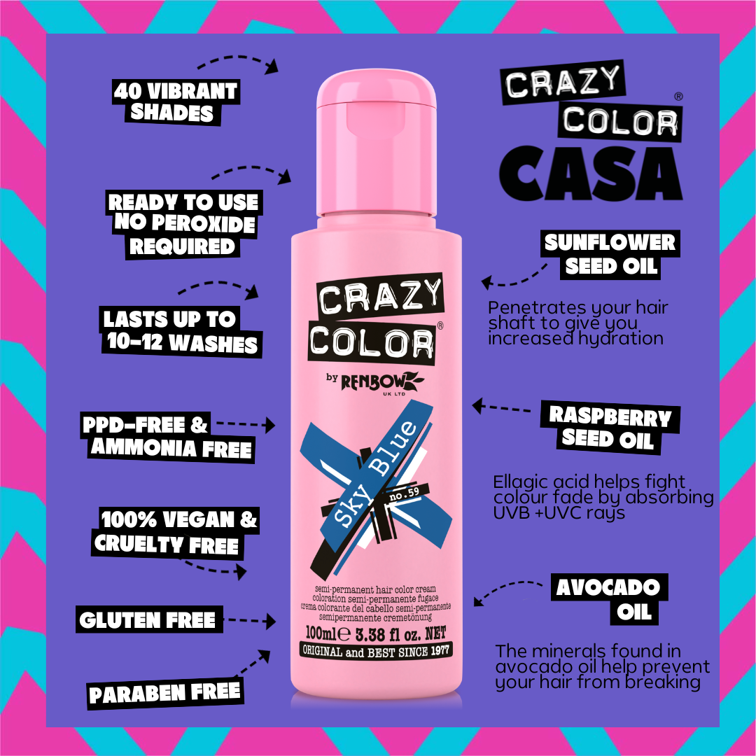 Crazy Color Skye blue hair color product with features listed on a colorful background  by ABS France Wholesale
