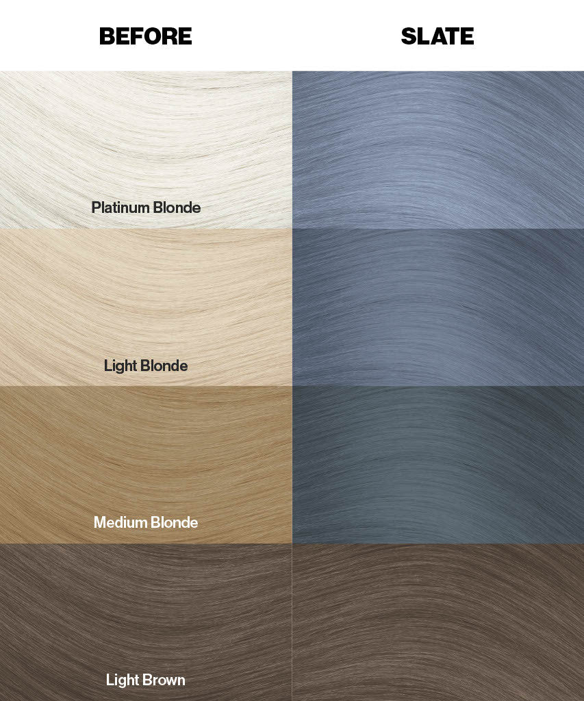 Crazy Color Slate 74 Color swatches comparing 'Before' and 'Slate' hair color options with labels for each shade by ABS France Wholesale