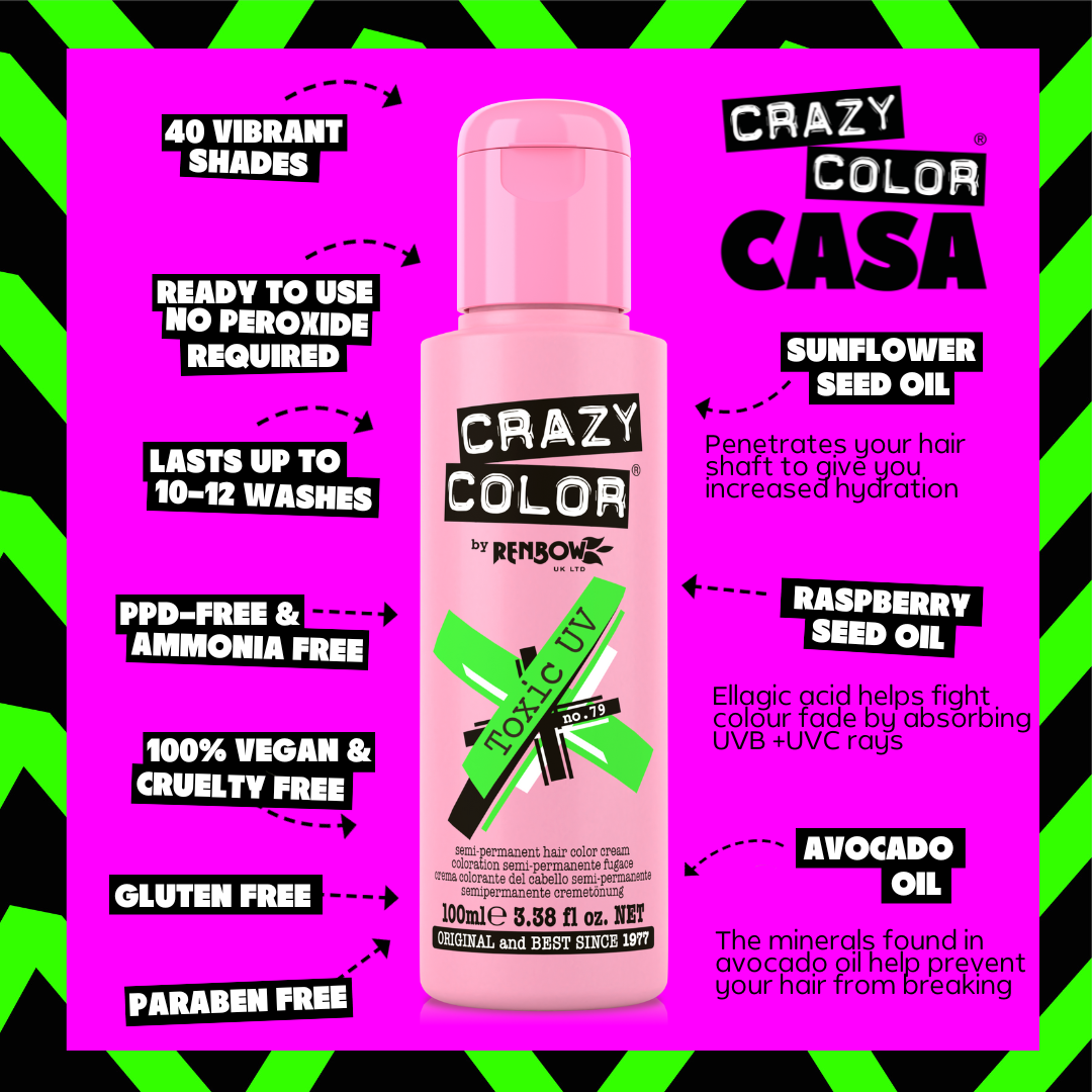 Crazy Color Toxic UV 79 hair dye bottle with promotional text on a vibrant pink and green background by ABS France Wholesale