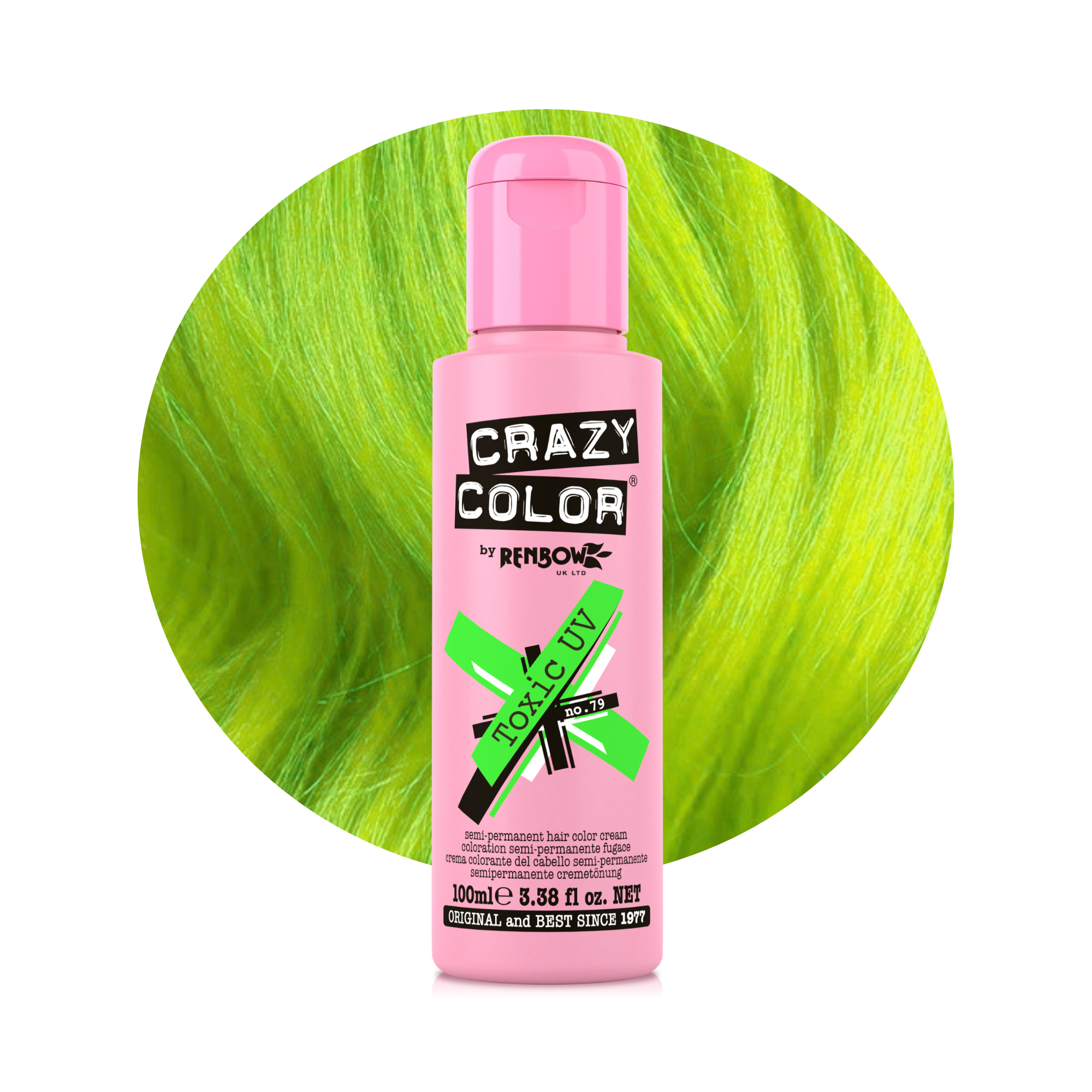 Pink bottle of Crazy Color Toxic UV (Vert Fluo) no. 79 100ml by ABS France Wholesale hair dye with green hair in the background