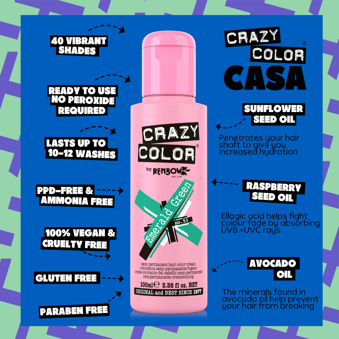 Crazy Color Vert Emeraude (Emerald Green) no. 53 100ml hair dye bottle by ABS France Wholesale