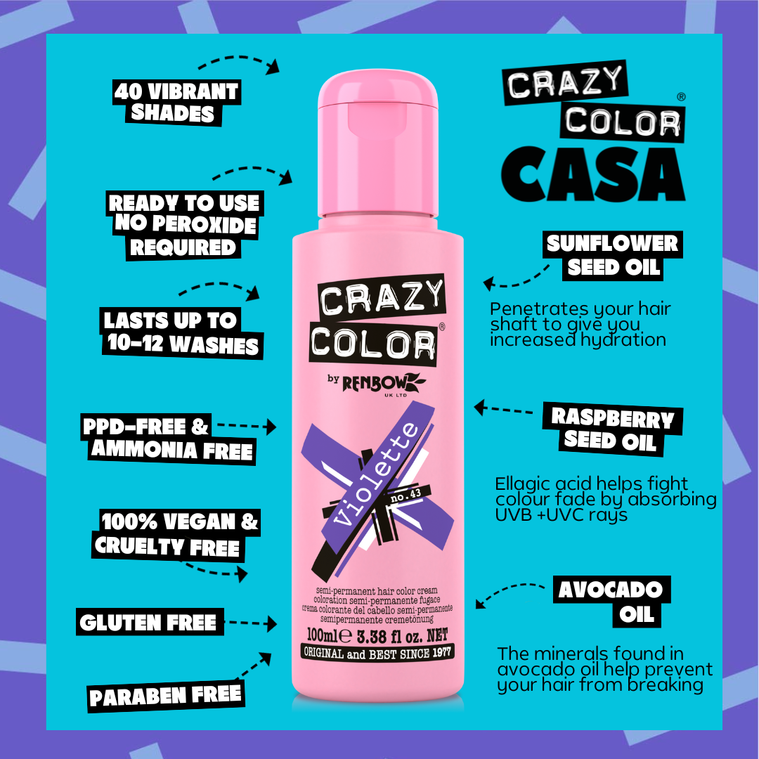 Crazy Color Casa hair color bottle with product features on a blue and purple background by ABS France Wholesale
