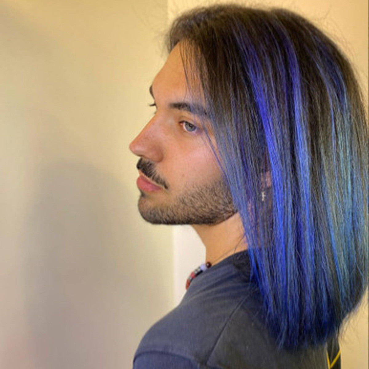 Crazy Color's Person with blue hair and a beard, wearing a dark shirt, against a plain background by ABS France Wholesale