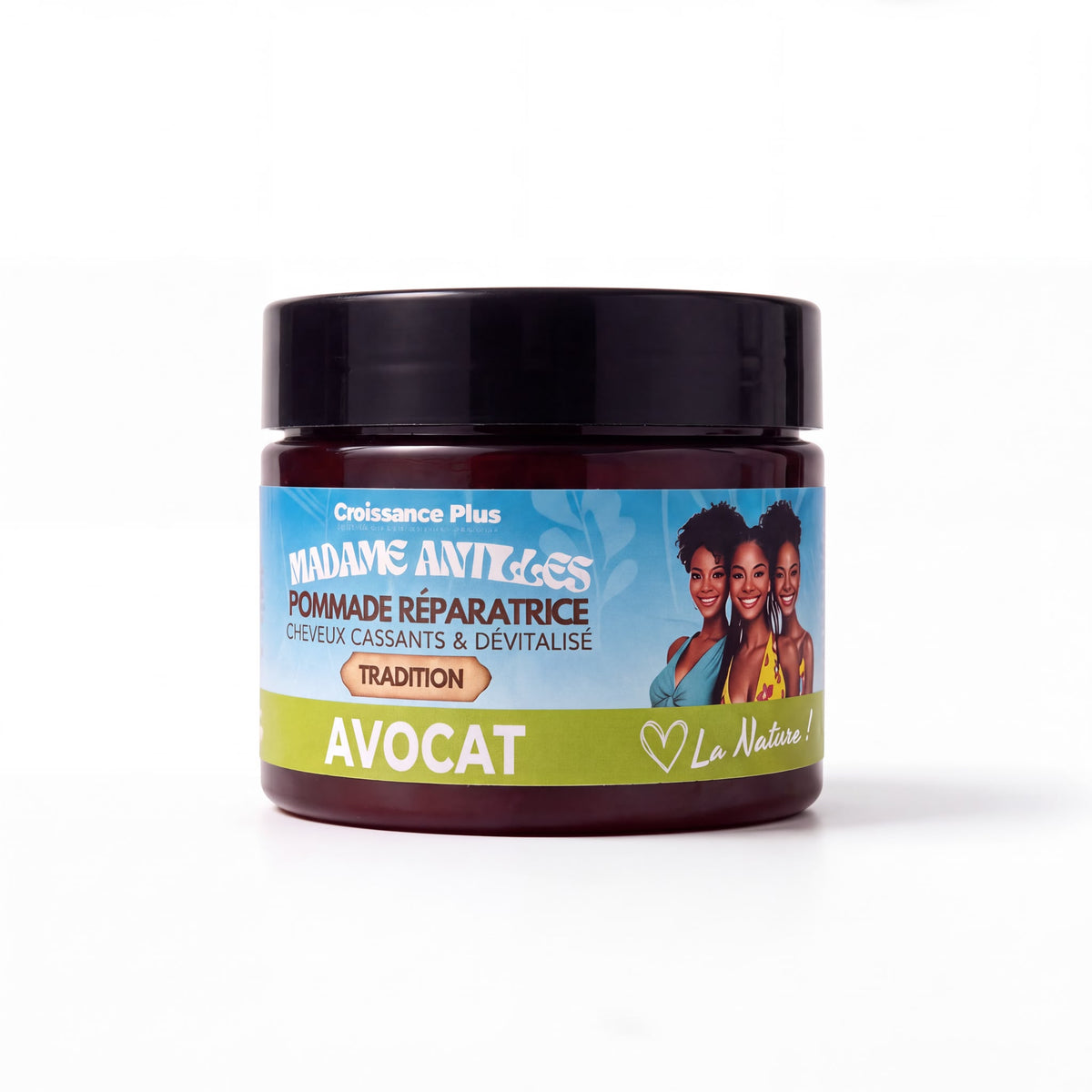A jar of Madame Anvilles Croissance Plus Avocat hair repair pomade on a clean white background. The jar is dark brown with a black lid, and the label features a blue and green design with an illustration of three Black women.