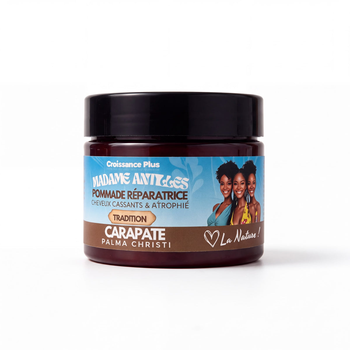 A jar of Madame Antyès Pomme de Terre Reparatrice hair growth pomade on a white background. The jar has a black lid and a label with blue, white, and brown sections featuring the brand name and product details.