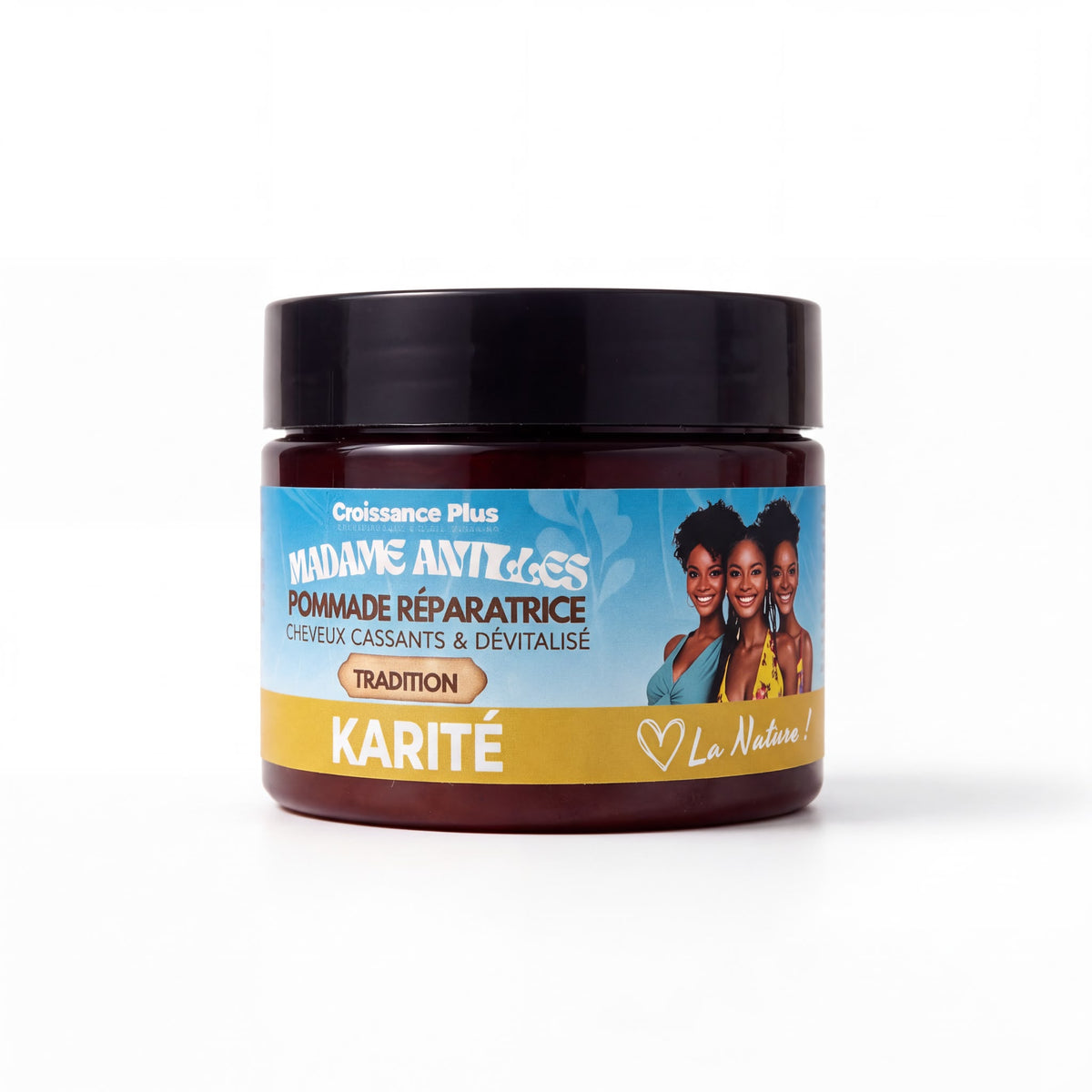 A jar of Karité Pomme de Terre repair hair pomade by Madame Antilles, featuring a black lid and a blue and yellow label with a portrait of three women.
