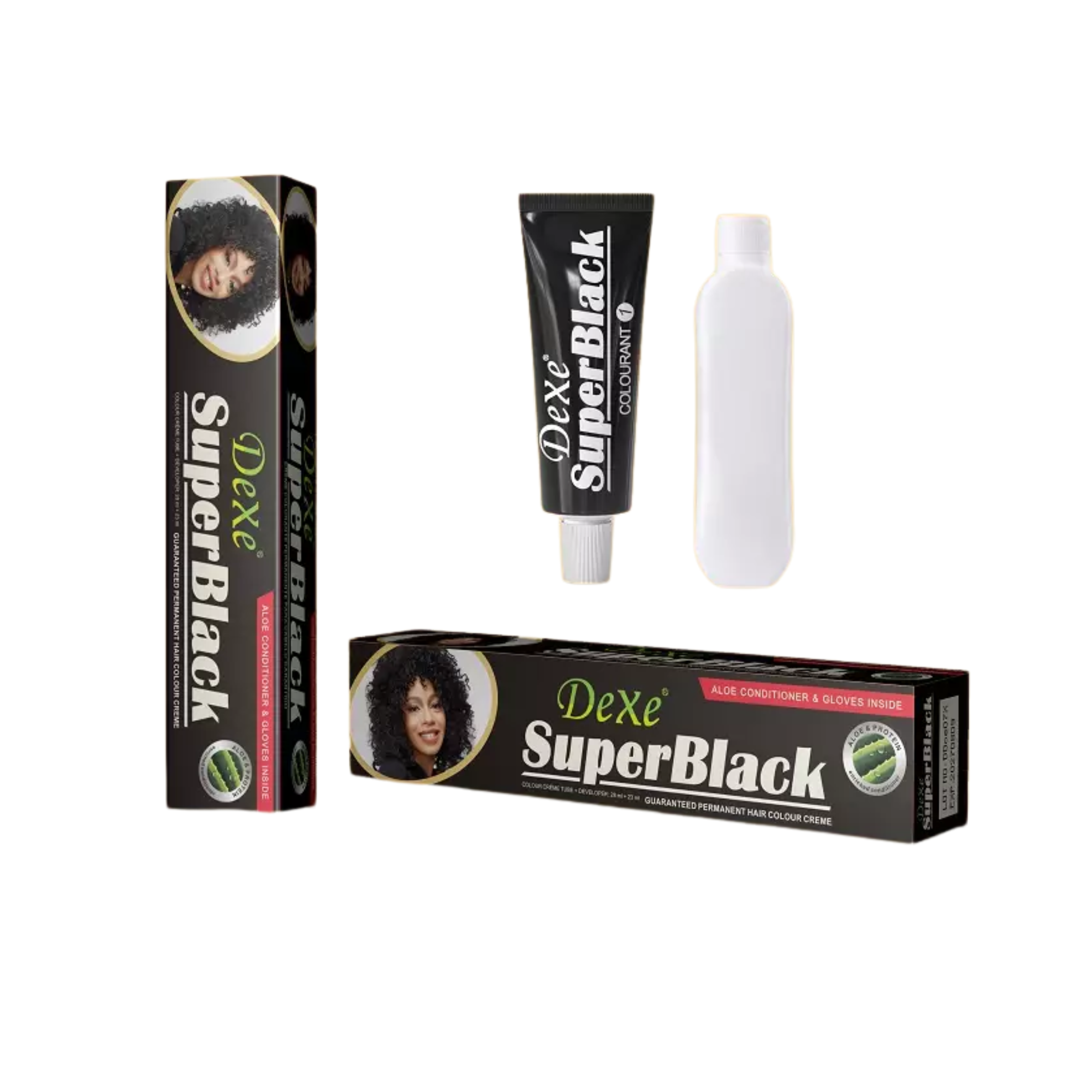 DEXE Super Black Hair Dye Cream by ABS France Wholesale including a box, tube, and white bottle