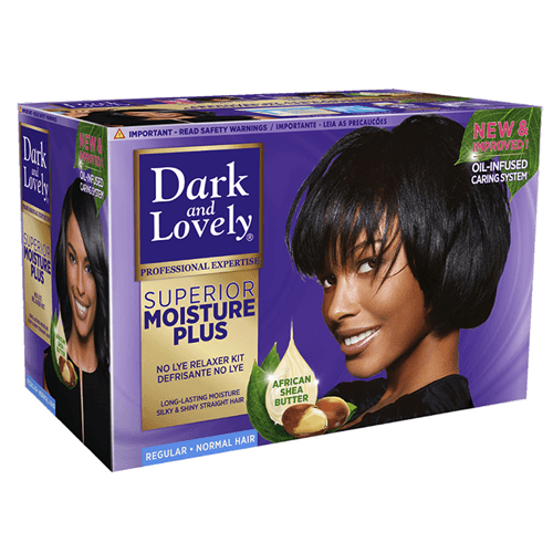 A box of Dark and Lovely Superior Moisture Plus No Lye Relaxer Kit Regular with a picture of a smiling woman with smooth hair on the front.