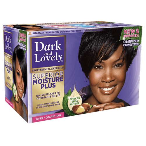 Box of Dark and Lovely Superior Moisture Plus No-Lye Relaxer Kit Super with an image of a smiling woman on the front.