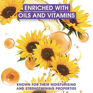 Sunflowers with oil droplets with text 'ENRICHED WITH OILS AND VITAMINS' about moisturizing and strengthening properties - ABS France Wholsale