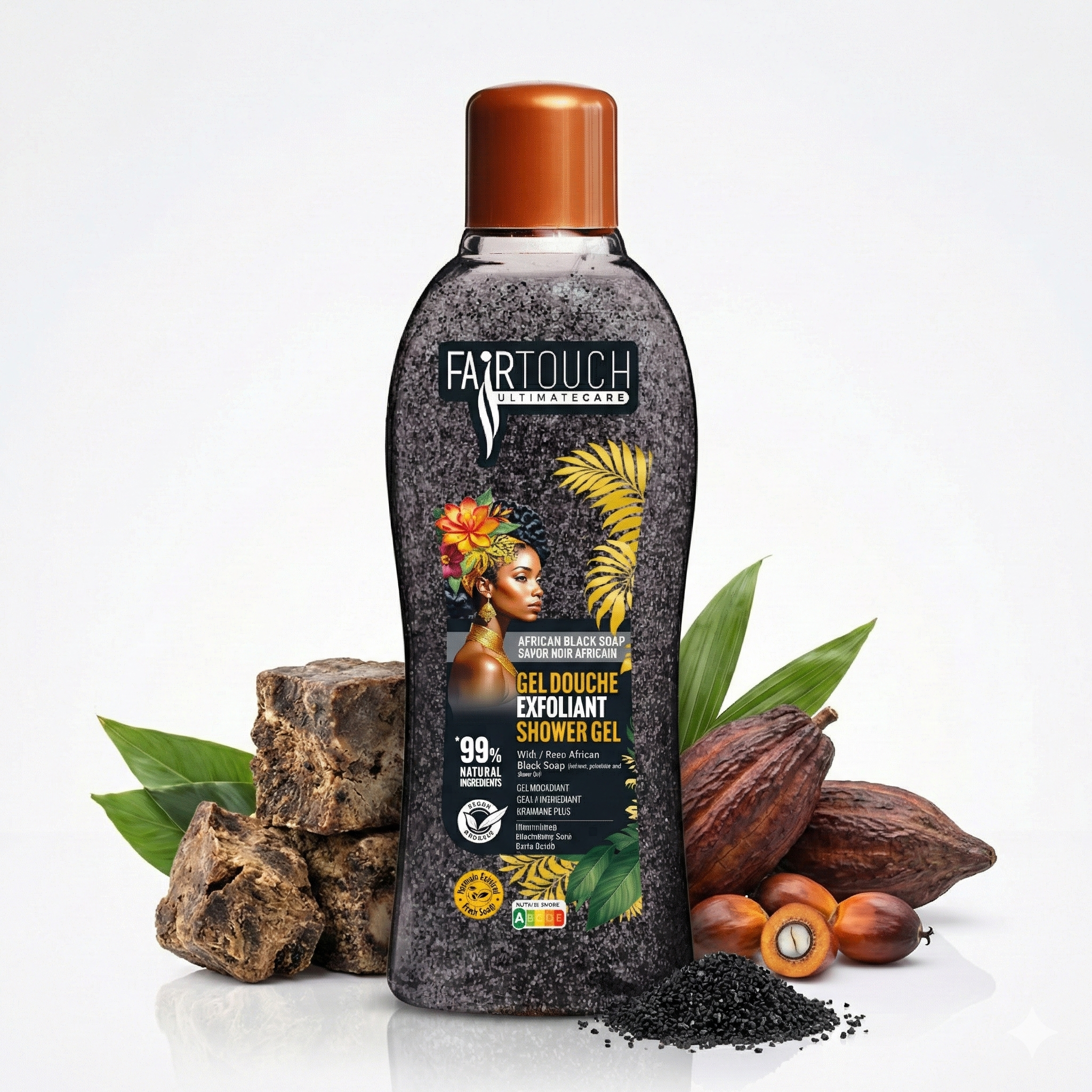 FAIRTOUCH Gel Douche Exfoliant Black (African Black Soap) 1L bottle by ABS France Wholesale with natural elements on a white background