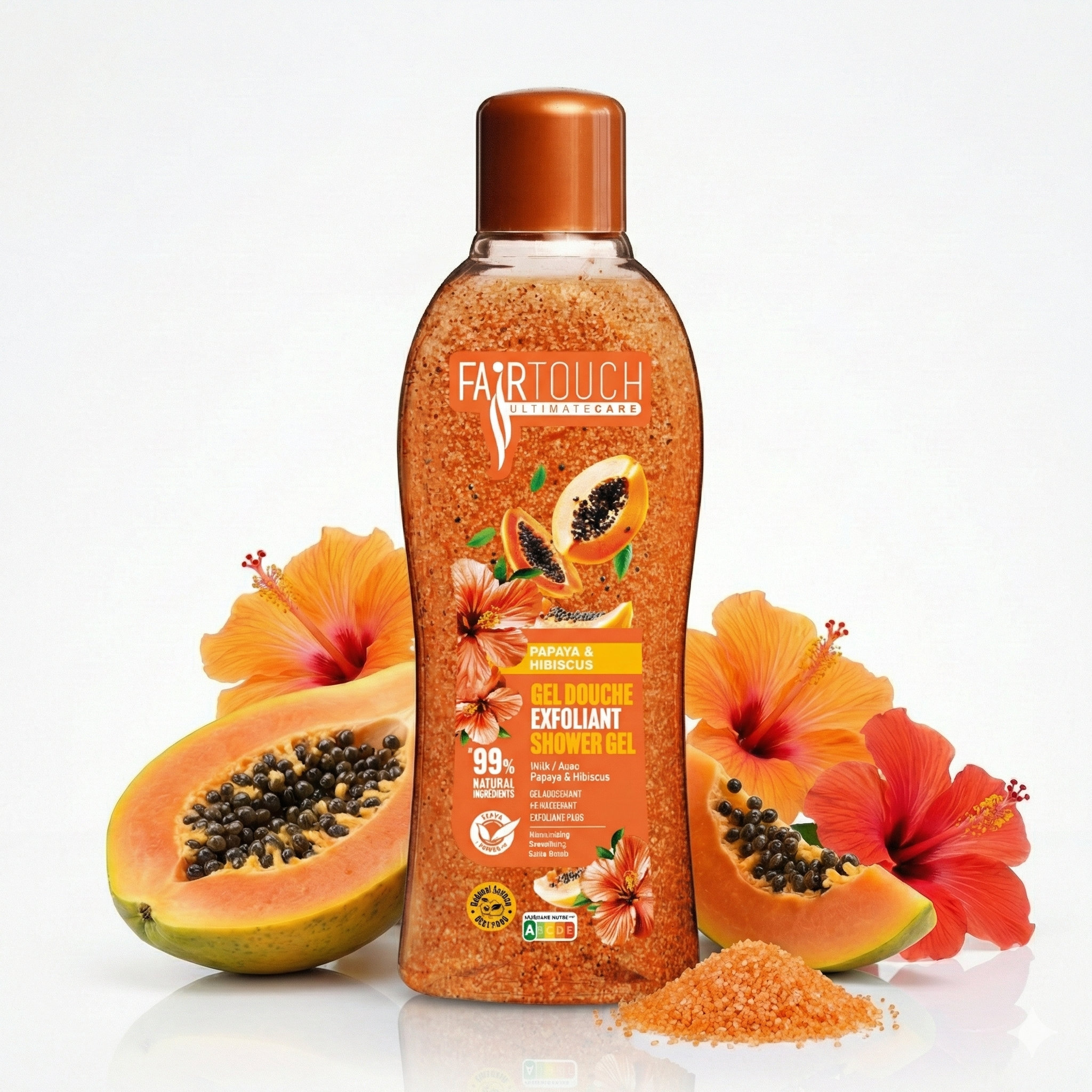 FAIRTOUCH Gel Douche Exfoliant Orange (Papaya and Hibiscus) 1L bottle by ABS France Wholesale with papaya and hibiscus flowers on a white background