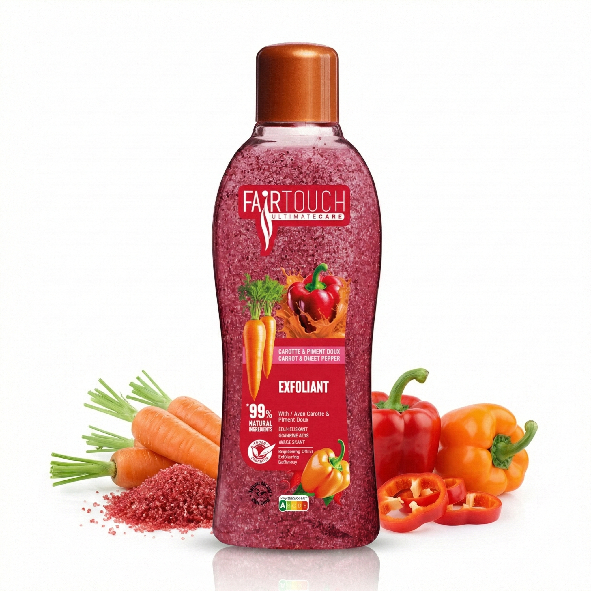 Bottle of FAIRTOUCH Gel Douche Exfoliant Red (Carrot & Piment Doux) 1L by ABS France Wholesale with carrots and peppers on a white background