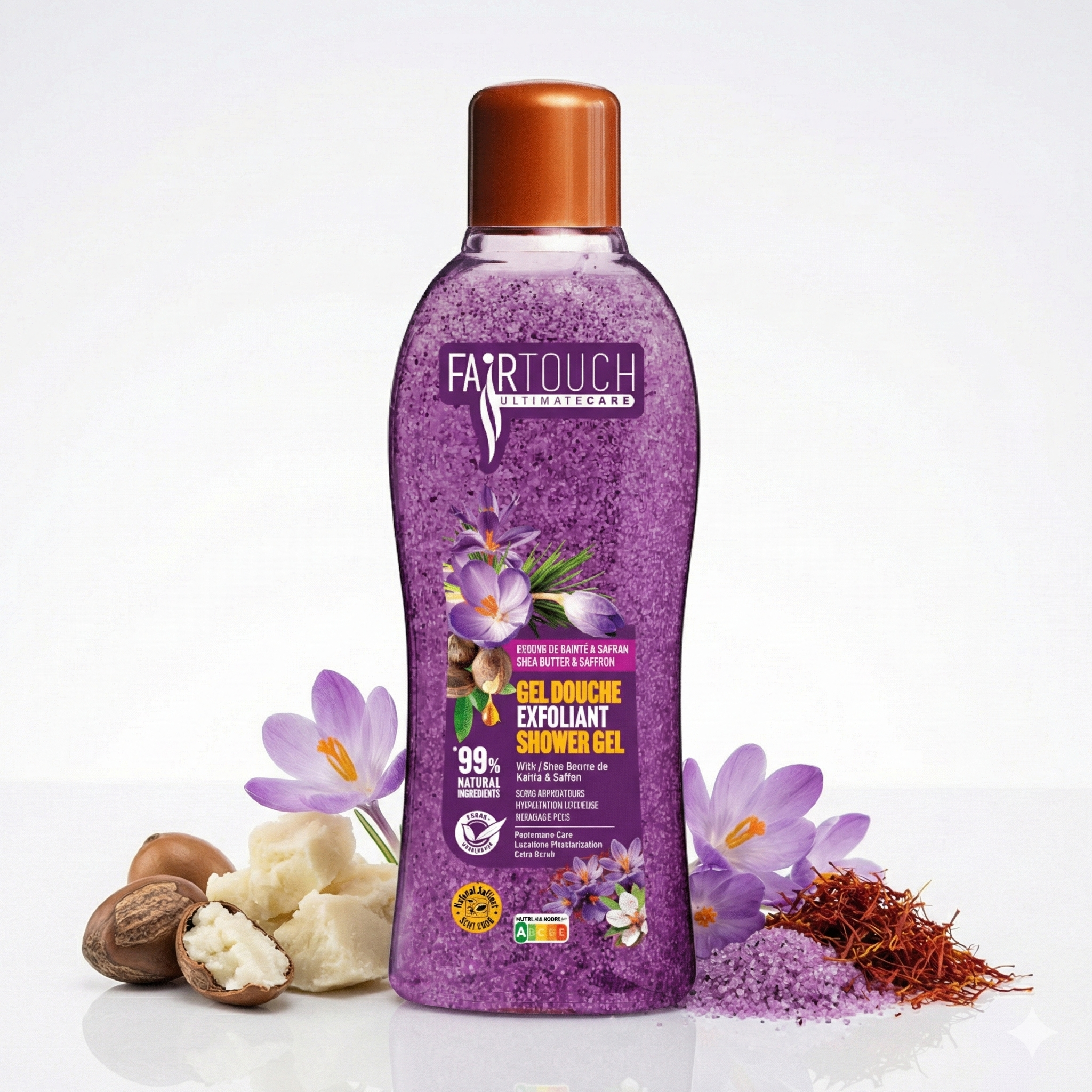 FAIRTOUCH Gel Douche Exfoliant Violet (Shea Butter & Saffron) 1L bottle by ABS France Wholesale with brown cap on a white background, surrounded by flowers and natural elements.