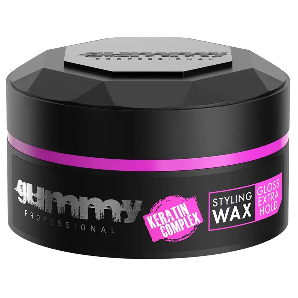 A container of FONEX GUMMY Rose Cire Effet Fort 150 ml, which is a styling wax for hair. The container is black with a purple and pink label.
