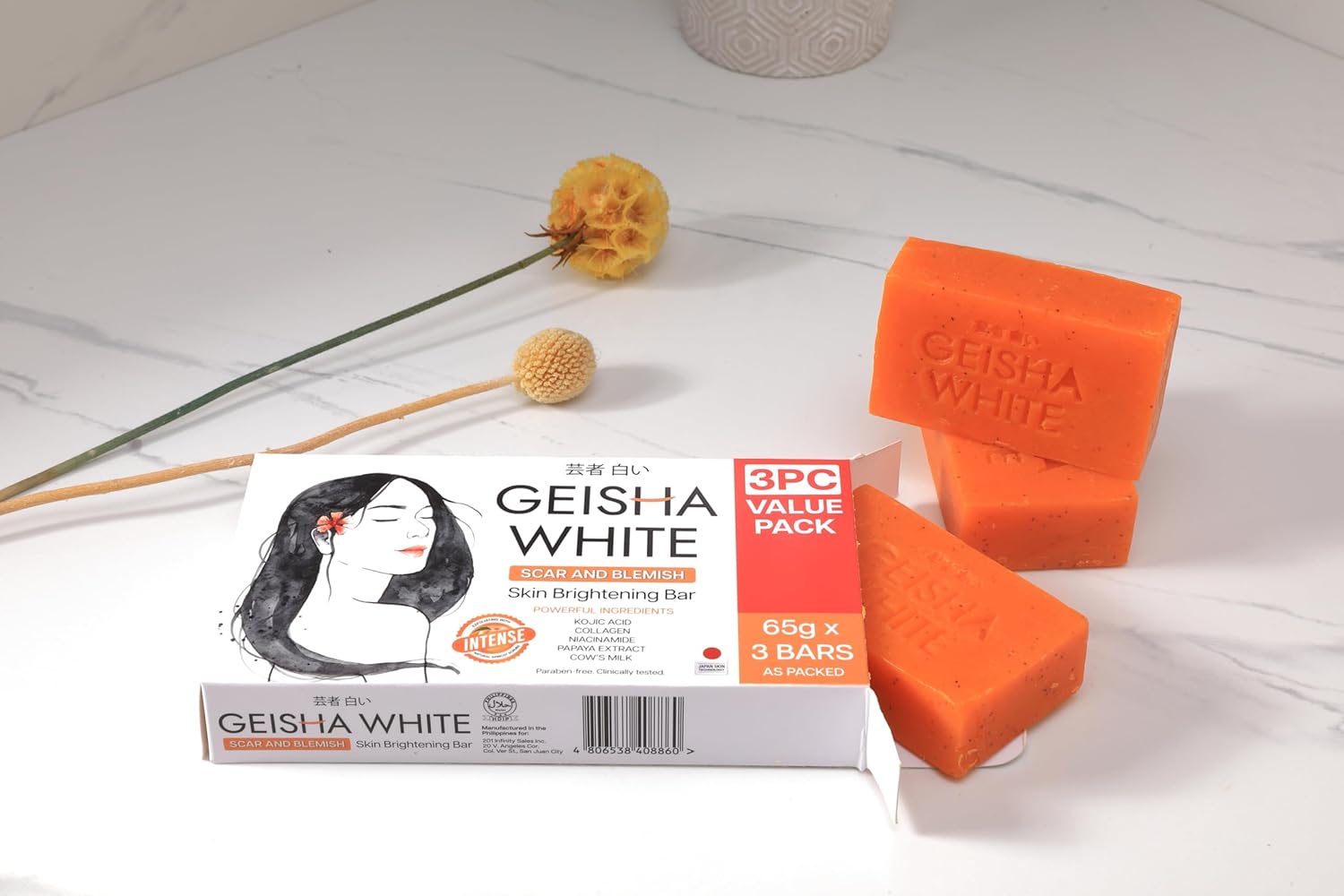 Savon blanc GEISHA, lot de 3 x 65 g