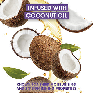 Coconut halves and oil droplets with text 'Infused with Coconut Oil' and 'Known for their moisturising and strengthening properties'. ABS France Wholesale.